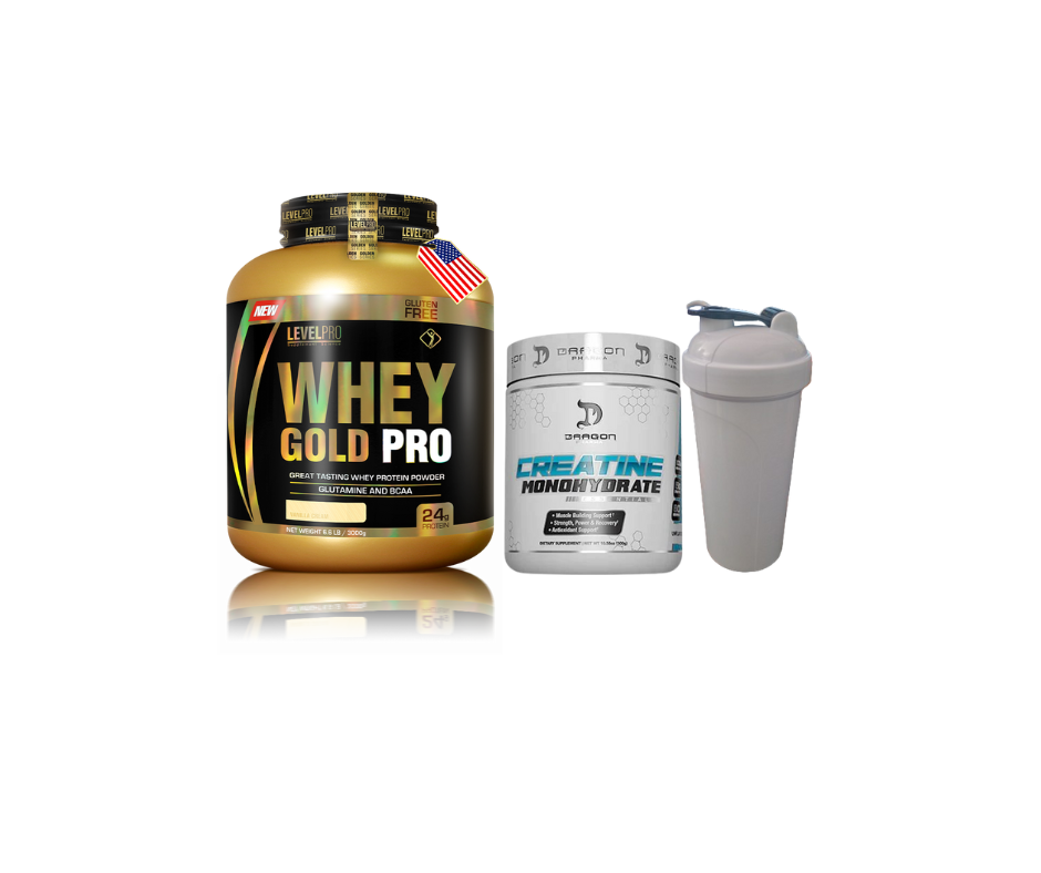 Pack GATO TRAKA (whey goldpro level pro 3kilos+ creatina dragon pharma 300gr +shaker)